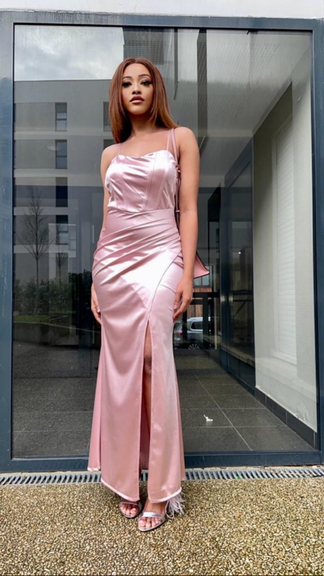 Robe de soirée rose poudrée