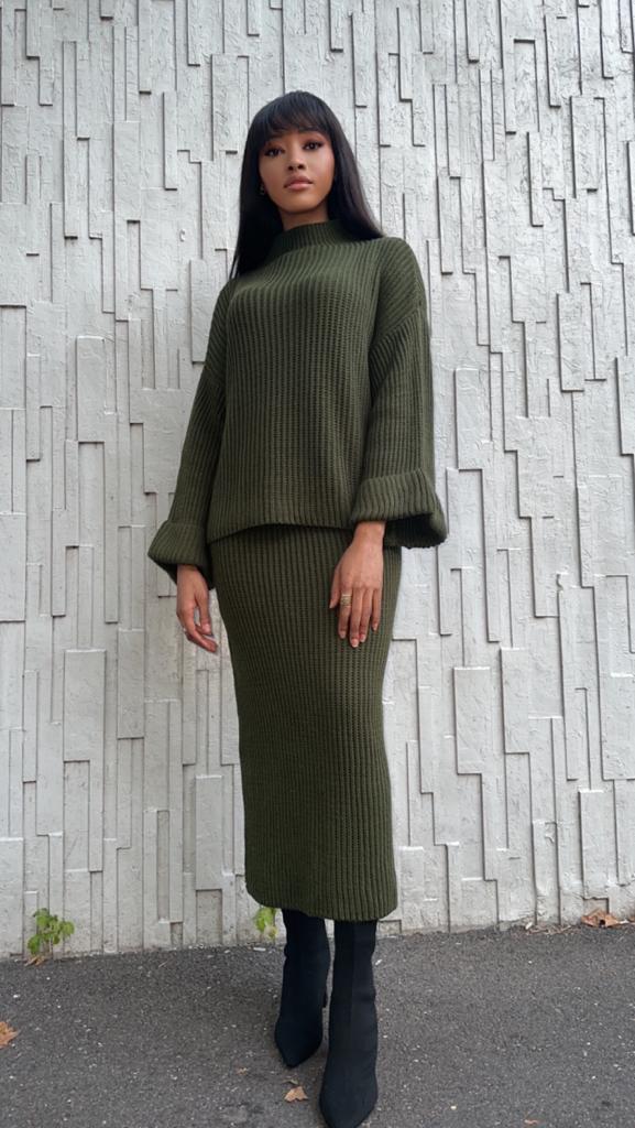 Ensemble jupe kaki en maille