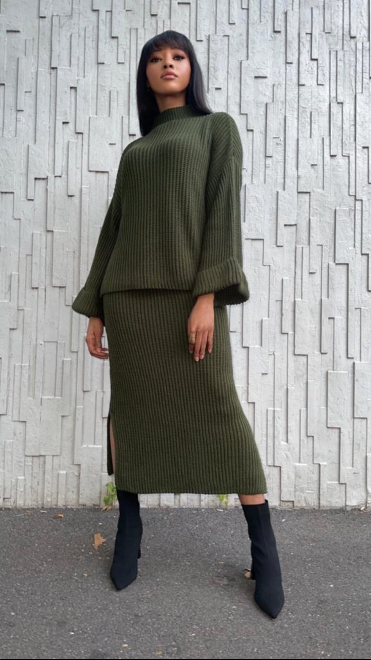 Ensemble jupe kaki en maille